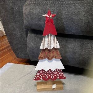 Festive Red and White Wooden Christmas Tree Decor
